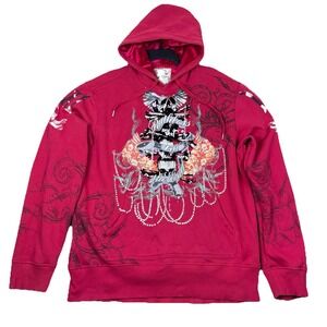 Ruthless Art Gothic Streetwear Rhinestone Graphic Hoodie Men's 2XL Red Skull Y2K